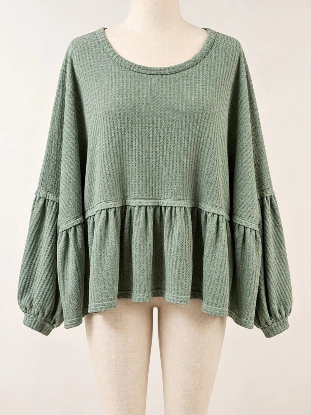 E.C. Sage Green Waffle Knit Babydoll Top Medium Oversized Balloon Sleeve Tunic